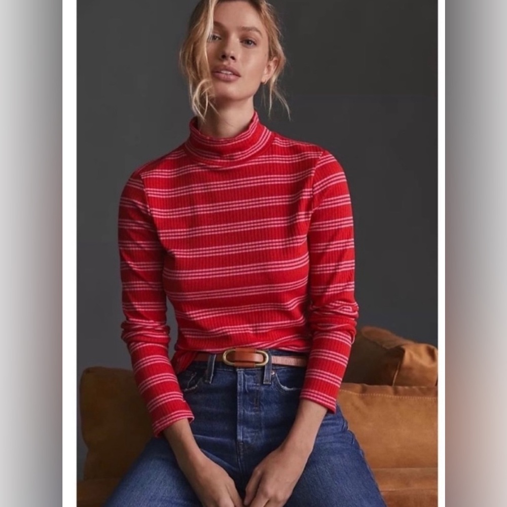 Maeve Red and White Striped Turtleneck Top